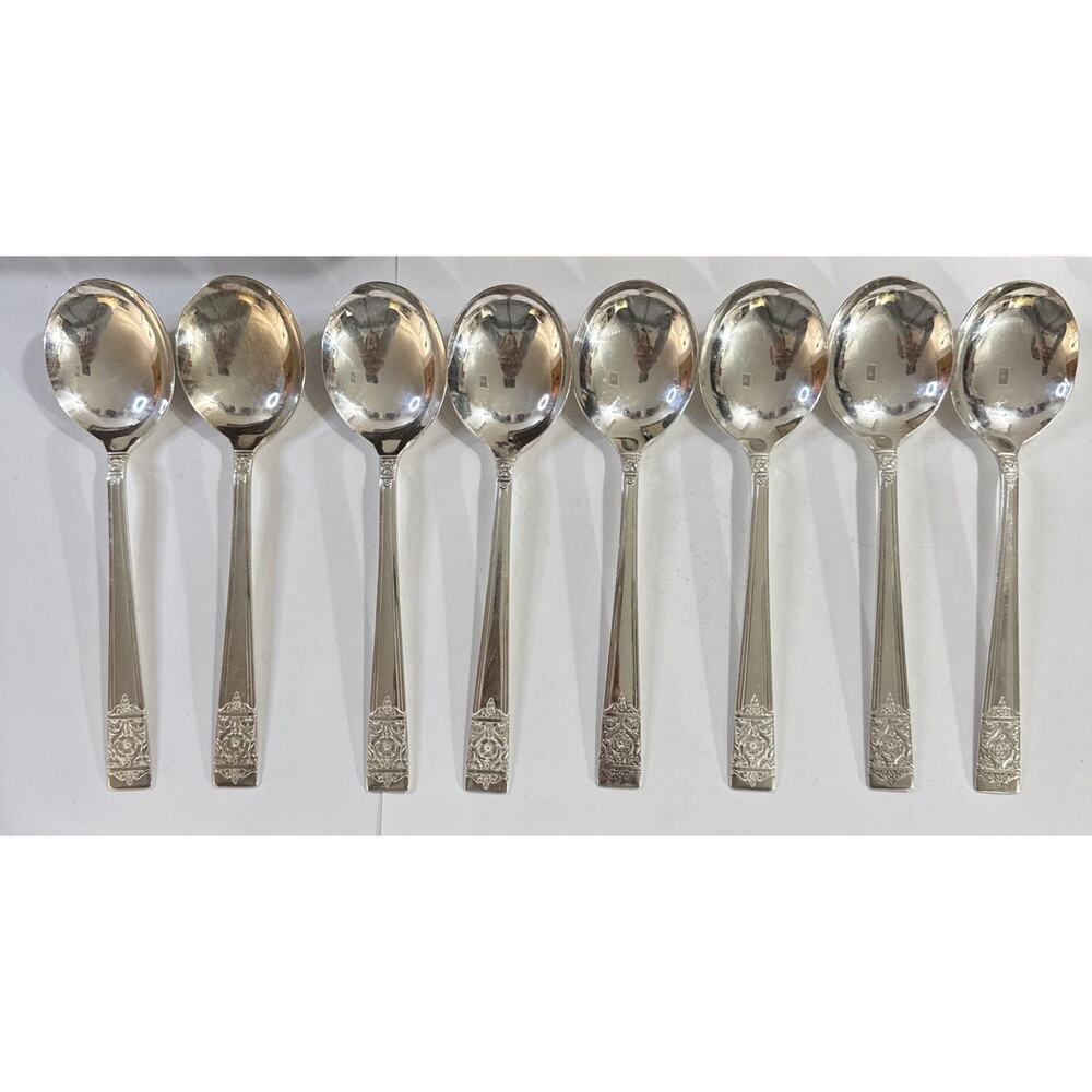 Set of 8 National Silver Co Inauguration Gumbo Soup Spoons Silverplate 1948 Vtg